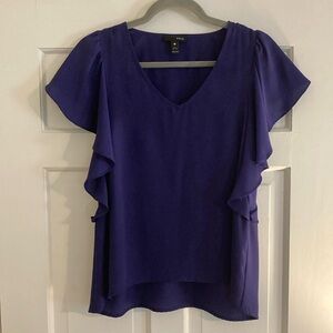Aqua size small purple top with ruffle sleeve. EUC, from Bloomingdale’s